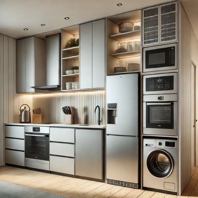 Cuisine contemporaine avec des appareils compacts, y compris un réfrigérateur étroit, un lave-vaisselle étroit et un micro-ondes encastré.