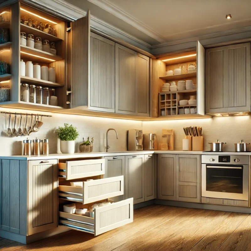 Optimized kitchen with innovative storage solutions like pull-out pantries, corner cabinet organizers, and under-sink shelves