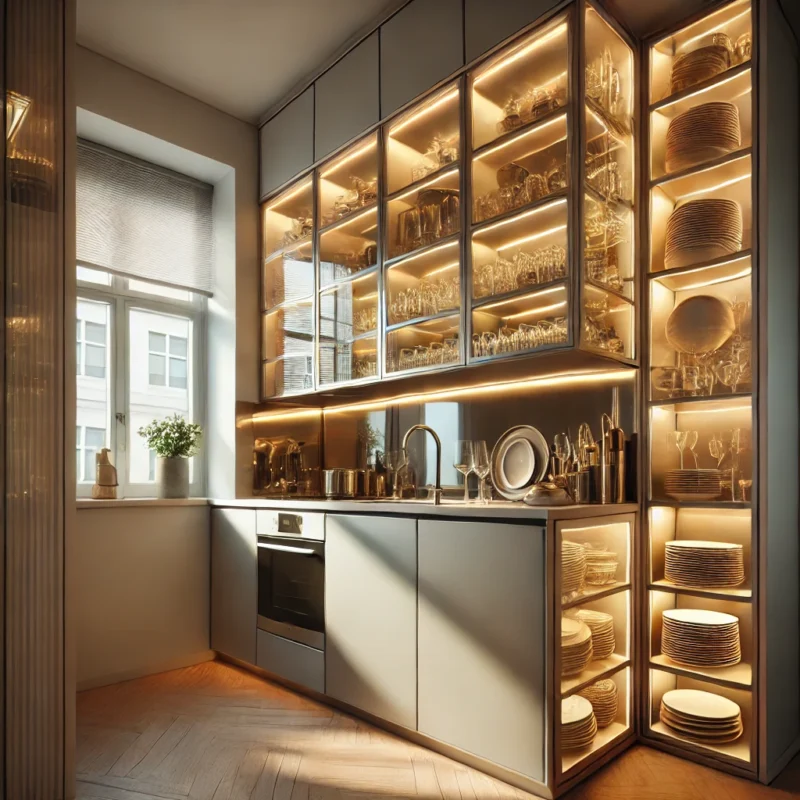 Petite cuisine moderne avec des armoires à portes en verre et un éclairage intérieur, mettant en valeur de belles assiettes et du verre.